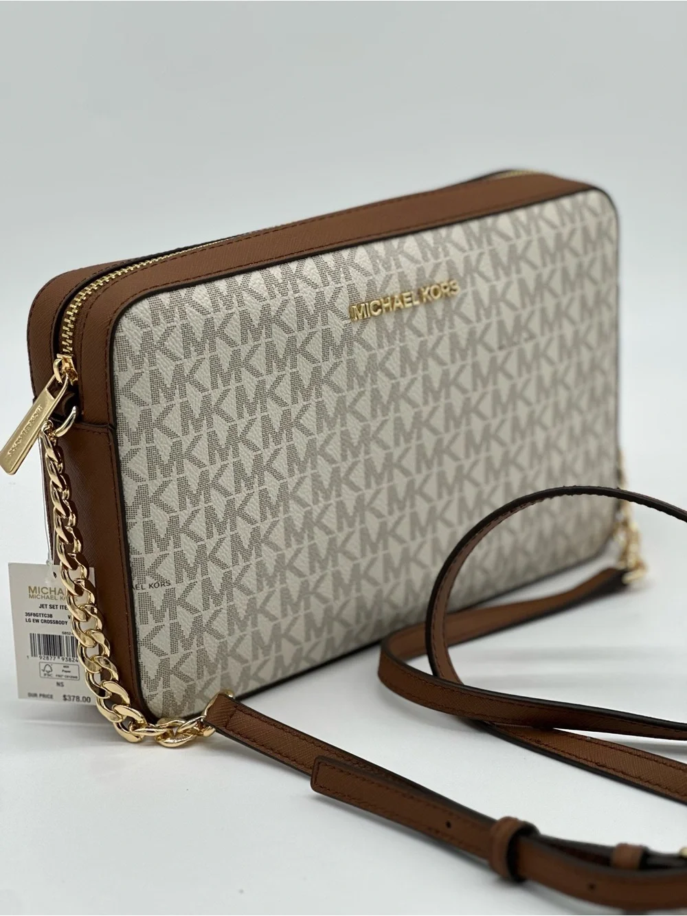 Michael Kors Signature MK Monogram Crossbody in Brown/Canvas with Gold Hardware